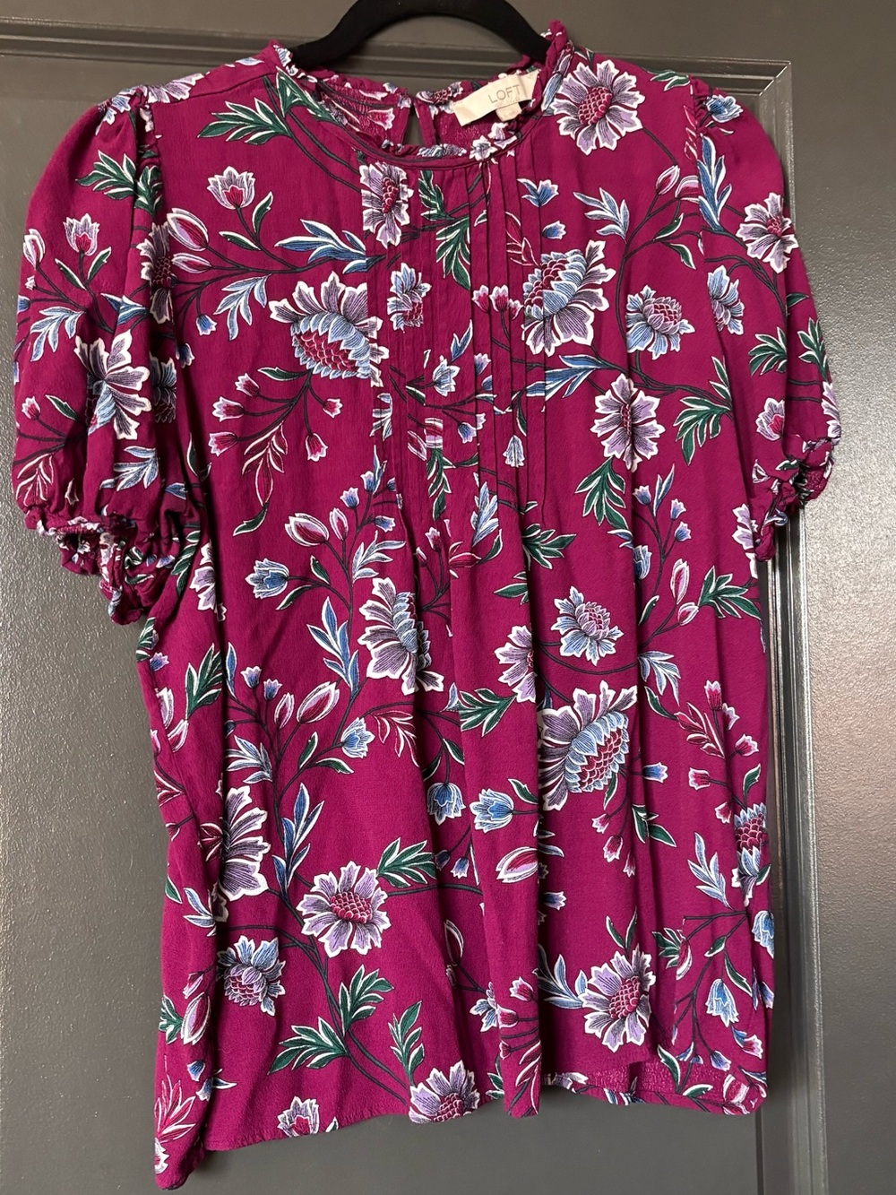 LOFT Floral Pintuck Blouse in Magenta with Blue and Green Accents